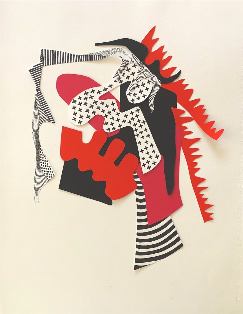 Collage Le penseur, papiers découpés encre noire et couleurs, 40x60cm, 2021