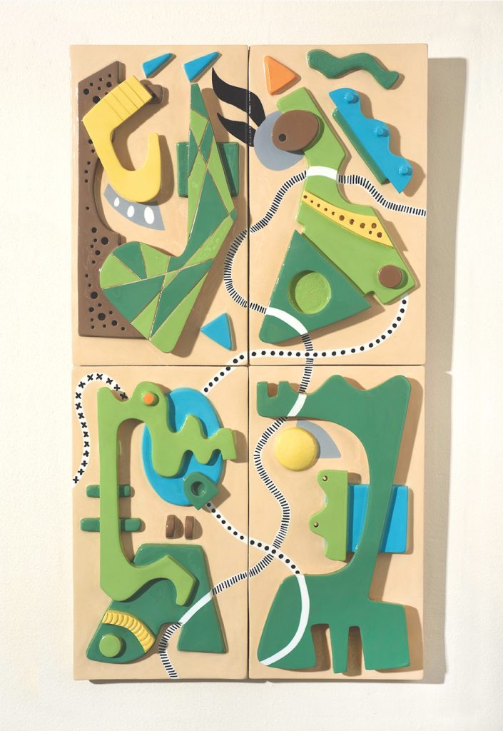 Géométrie variable, céramique patinée couleurs et résine époxy, 4 panneaux, 39x70cm,2022